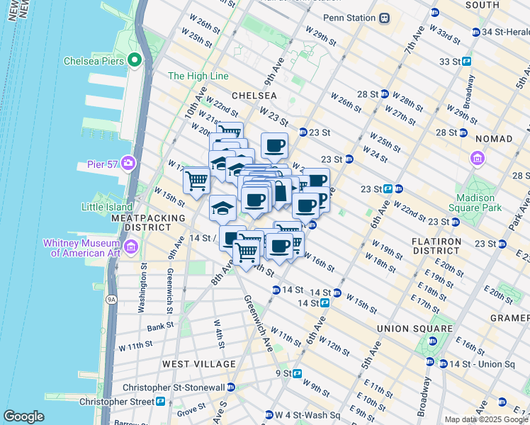 map of restaurants, bars, coffee shops, grocery stores, and more near 128 8th Avenue in New York