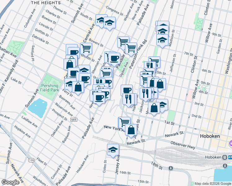 map of restaurants, bars, coffee shops, grocery stores, and more near 220 Ogden Avenue in Jersey City