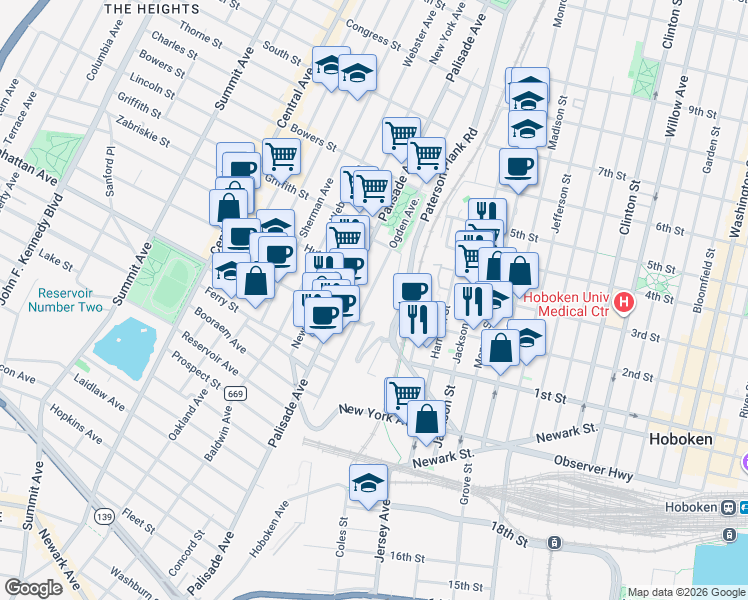 map of restaurants, bars, coffee shops, grocery stores, and more near 224 Ogden Avenue in Jersey City