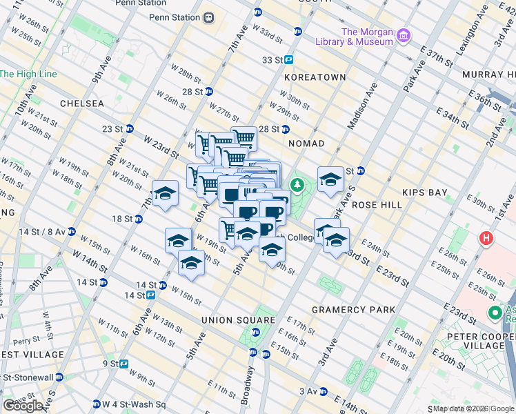 map of restaurants, bars, coffee shops, grocery stores, and more near 16 West 23rd Street in New York