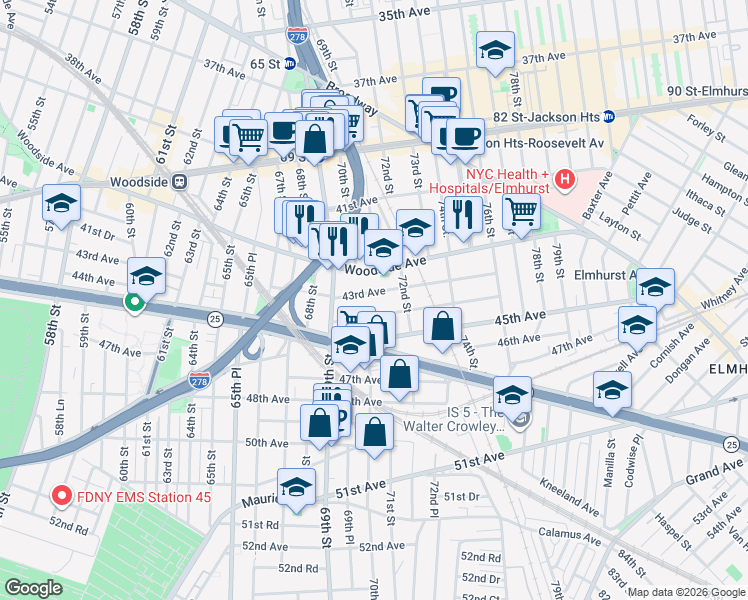 map of restaurants, bars, coffee shops, grocery stores, and more near 69-46 43rd Avenue in Queens