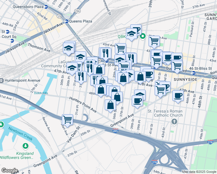 map of restaurants, bars, coffee shops, grocery stores, and more near 47-30 35th Street in Queens