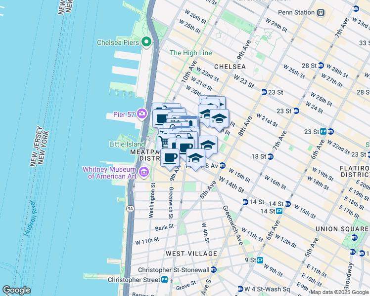 map of restaurants, bars, coffee shops, grocery stores, and more near 47-59 9th Avenue in New York