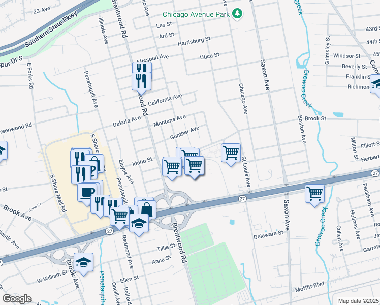 map of restaurants, bars, coffee shops, grocery stores, and more near Oakwood Boulevard & Justine Court in Bay Shore