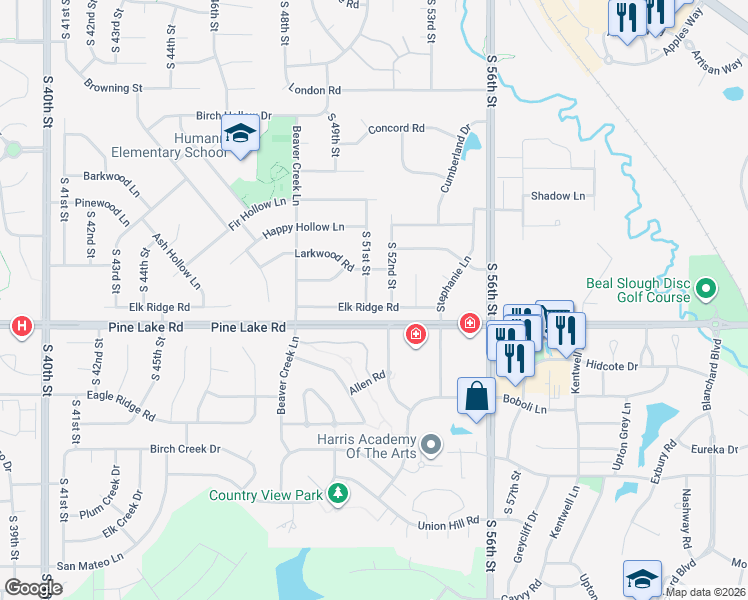 map of restaurants, bars, coffee shops, grocery stores, and more near 6940 South 51st Street in Lincoln