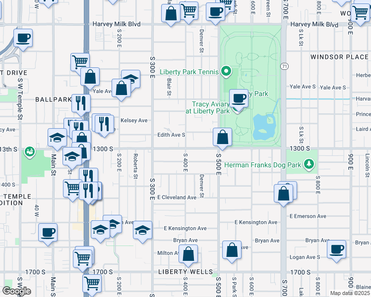 map of restaurants, bars, coffee shops, grocery stores, and more near E 1300 S & S 4th E in Salt Lake City