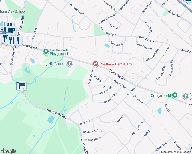 map of restaurants, bars, coffee shops, grocery stores, and more near 35 Sandy Hill Road in Chatham Township