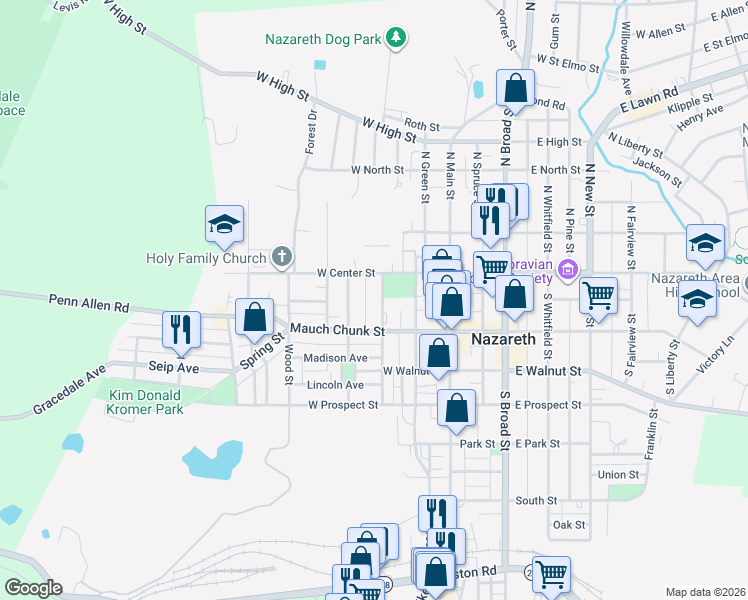 map of restaurants, bars, coffee shops, grocery stores, and more near 46 South Church Street in Nazareth