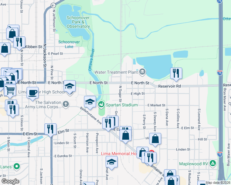 map of restaurants, bars, coffee shops, grocery stores, and more near 939 East High Street in Lima