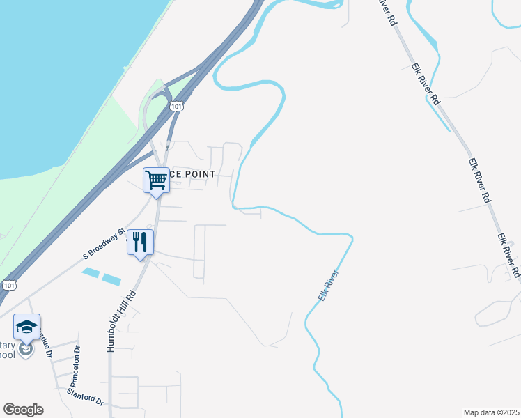 map of restaurants, bars, coffee shops, grocery stores, and more near 2301 Meadowbrook Drive in Eureka