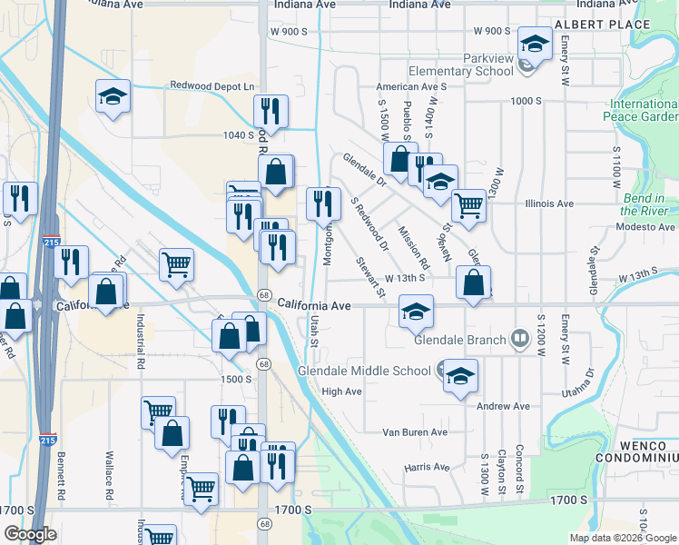 map of restaurants, bars, coffee shops, grocery stores, and more near 1288 Montgomery Street West in Salt Lake City