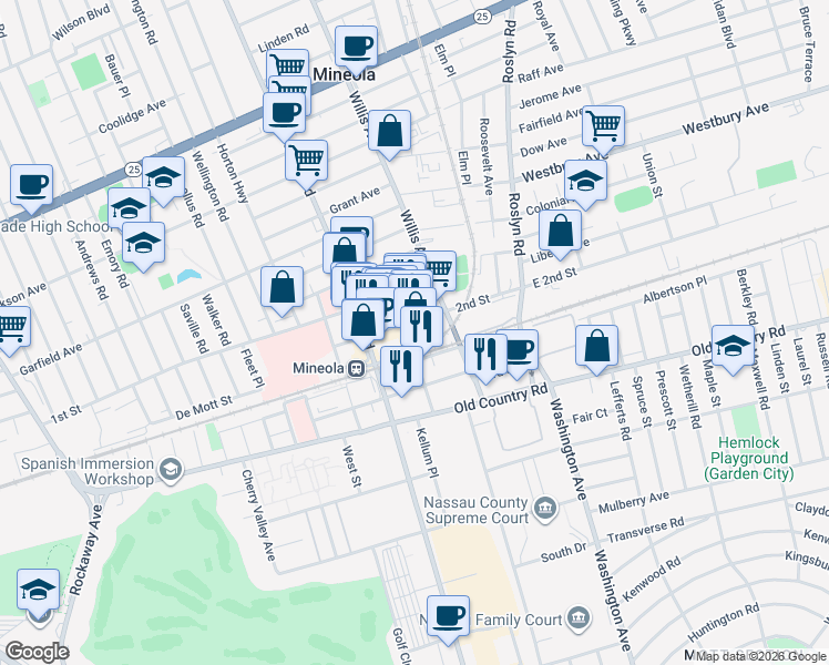 map of restaurants, bars, coffee shops, grocery stores, and more near 82 Main Street in Mineola