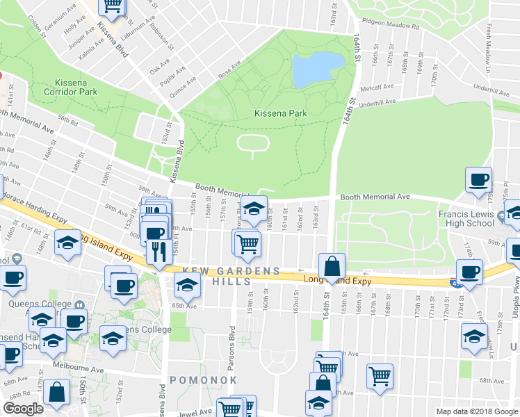 map of restaurants, bars, coffee shops, grocery stores, and more near 57-13 159th Street in Queens
