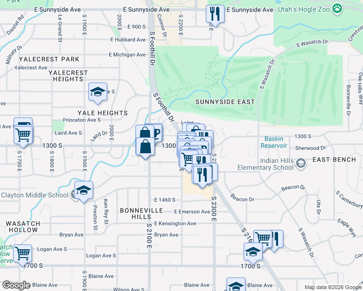 map of restaurants, bars, coffee shops, grocery stores, and more near South 2200 East in Salt Lake City