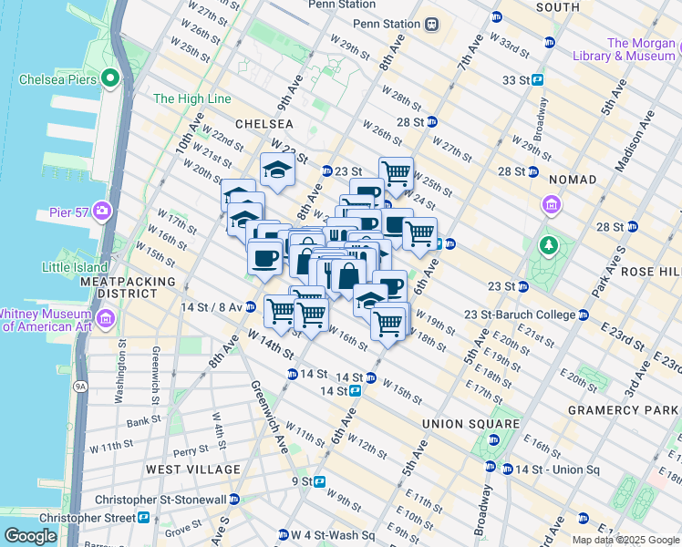 map of restaurants, bars, coffee shops, grocery stores, and more near 140 7th Avenue in New York
