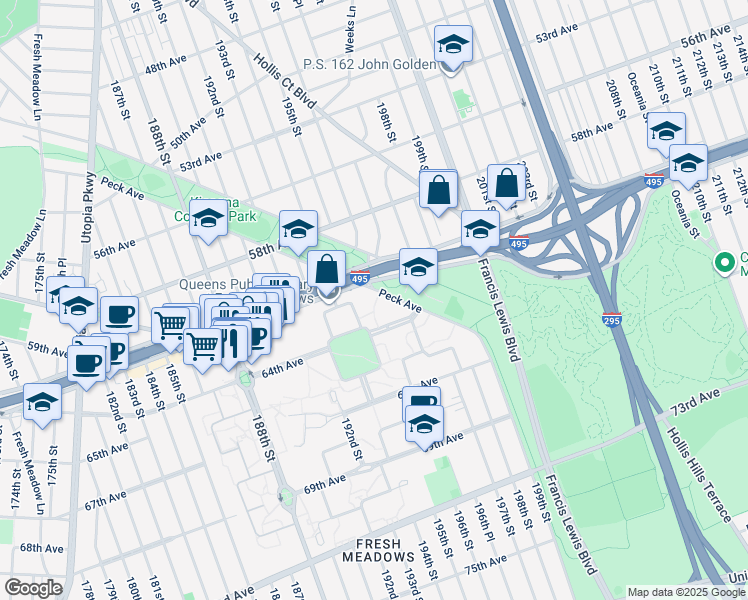 map of restaurants, bars, coffee shops, grocery stores, and more near 195-20 Peck Avenue in Queens