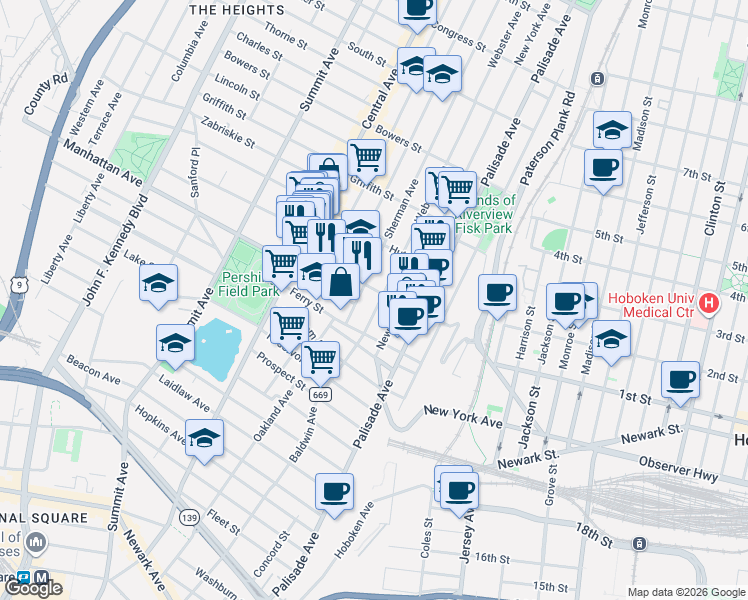 map of restaurants, bars, coffee shops, grocery stores, and more near 63 Franklin Street in Jersey City