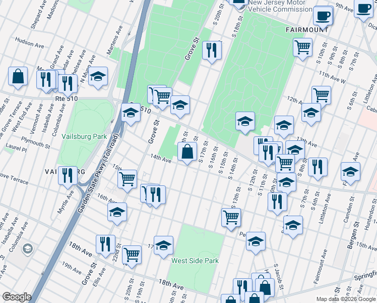map of restaurants, bars, coffee shops, grocery stores, and more near 445 South 18th Street in Newark
