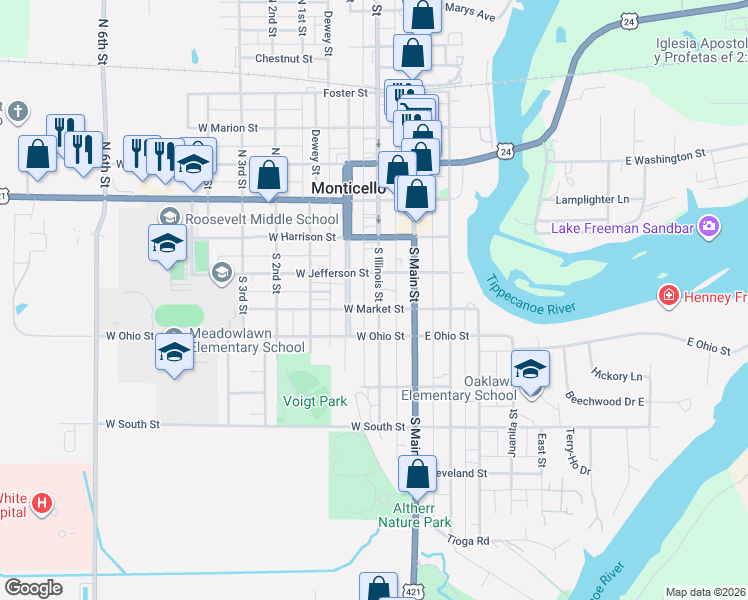 map of restaurants, bars, coffee shops, grocery stores, and more near 321 South Illinois Street in Monticello