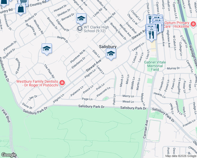 map of restaurants, bars, coffee shops, grocery stores, and more near 18 Prince Lane in Westbury