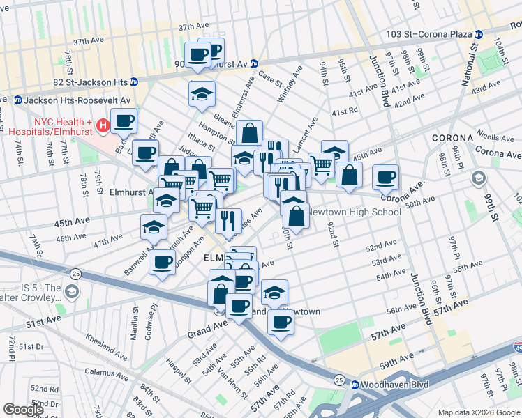 map of restaurants, bars, coffee shops, grocery stores, and more near 88-17 Saint James Avenue in Queens