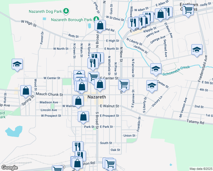 map of restaurants, bars, coffee shops, grocery stores, and more near 30 South Whitfield Street in Nazareth