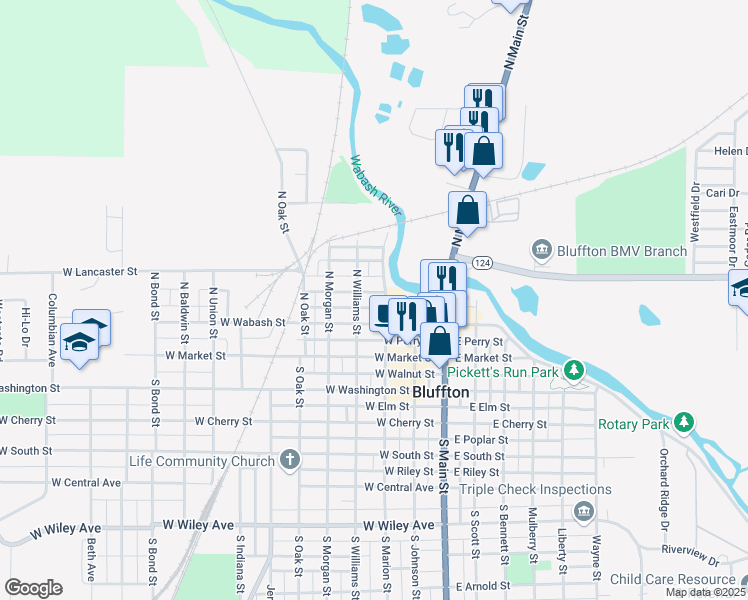 map of restaurants, bars, coffee shops, grocery stores, and more near 312 Miller Street in Bluffton