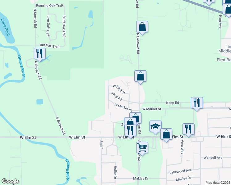 map of restaurants, bars, coffee shops, grocery stores, and more near 2960 Koop Road in Lima