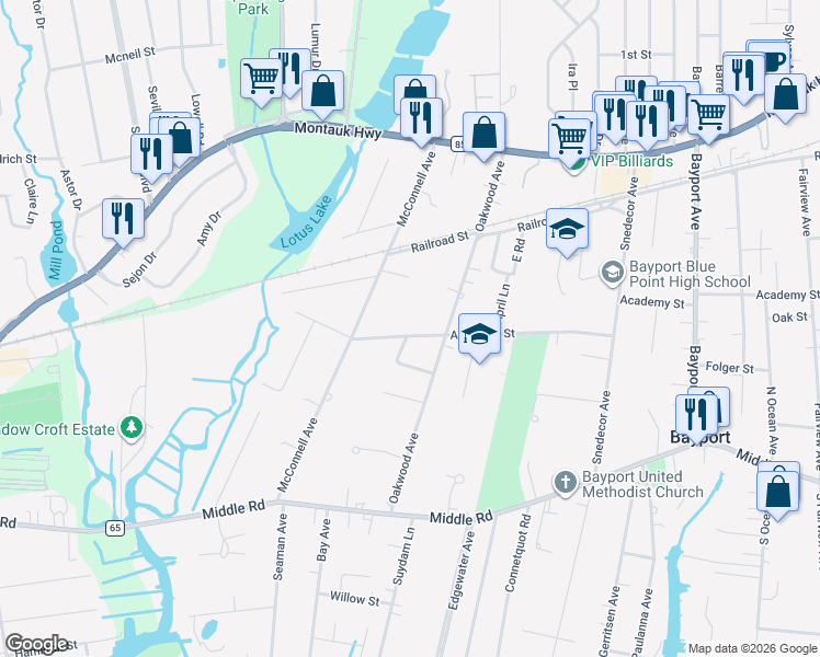 map of restaurants, bars, coffee shops, grocery stores, and more near 115 Academy Street in Bayport