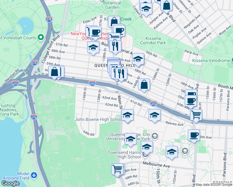 map of restaurants, bars, coffee shops, grocery stores, and more near 61-18 Main Street in Queens