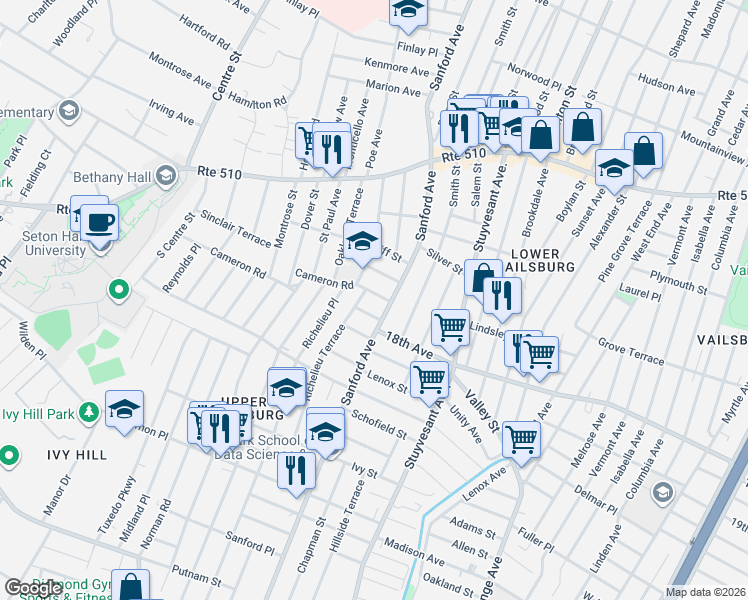map of restaurants, bars, coffee shops, grocery stores, and more near 14 Helen Place in Newark