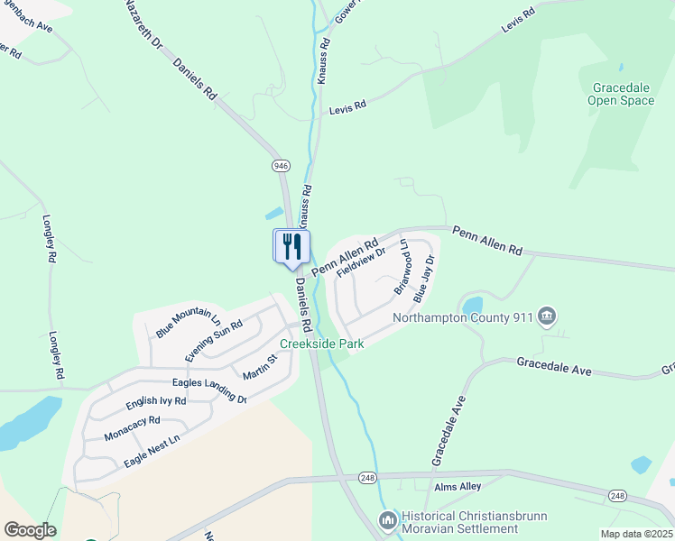 map of restaurants, bars, coffee shops, grocery stores, and more near 2072 Fieldview Drive in Nazareth