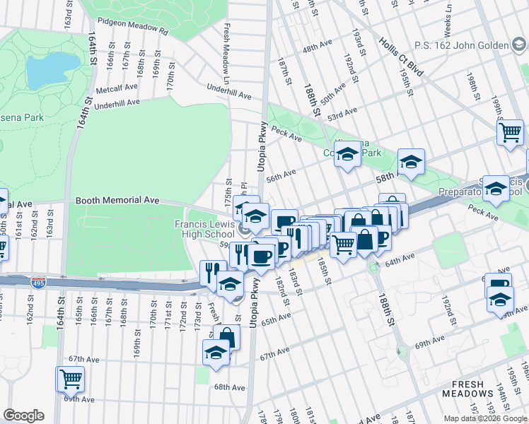 map of restaurants, bars, coffee shops, grocery stores, and more near 182-3 58th Avenue in Queens
