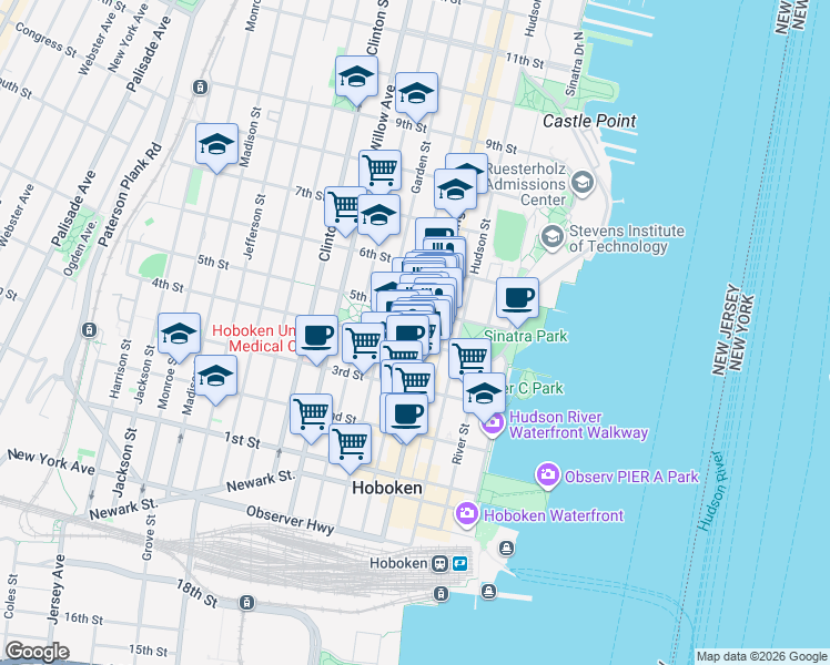 map of restaurants, bars, coffee shops, grocery stores, and more near 407 Washington Street in Hoboken