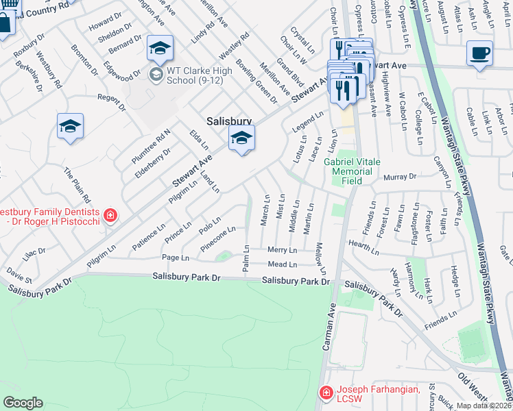 map of restaurants, bars, coffee shops, grocery stores, and more near 21 Palm Lane in Westbury