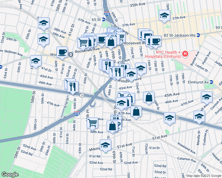 map of restaurants, bars, coffee shops, grocery stores, and more near 68-2 43rd Avenue in Queens