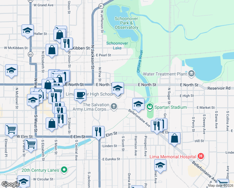 map of restaurants, bars, coffee shops, grocery stores, and more near 1 Spartan Way in Lima