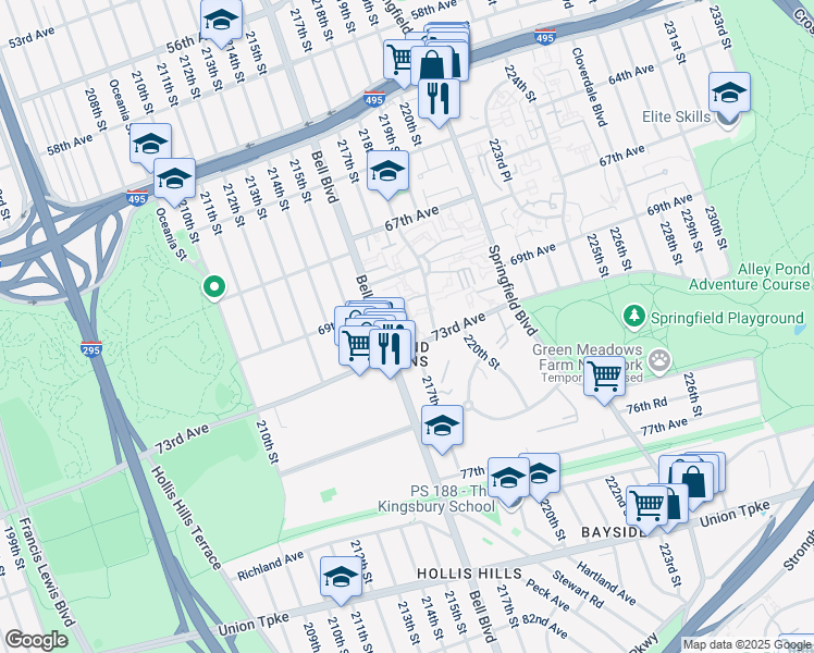 map of restaurants, bars, coffee shops, grocery stores, and more near in Queens