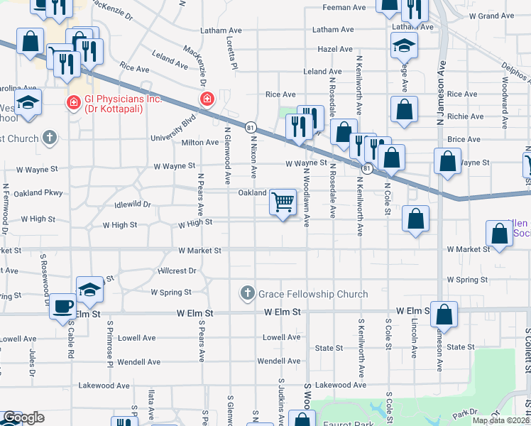 map of restaurants, bars, coffee shops, grocery stores, and more near 1558 West High Street in Lima