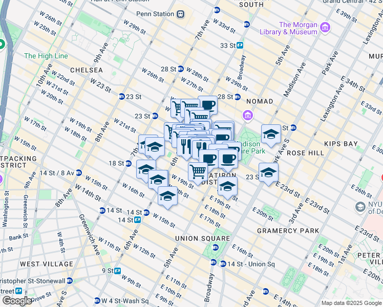 map of restaurants, bars, coffee shops, grocery stores, and more near 32 West 22nd Street in New York