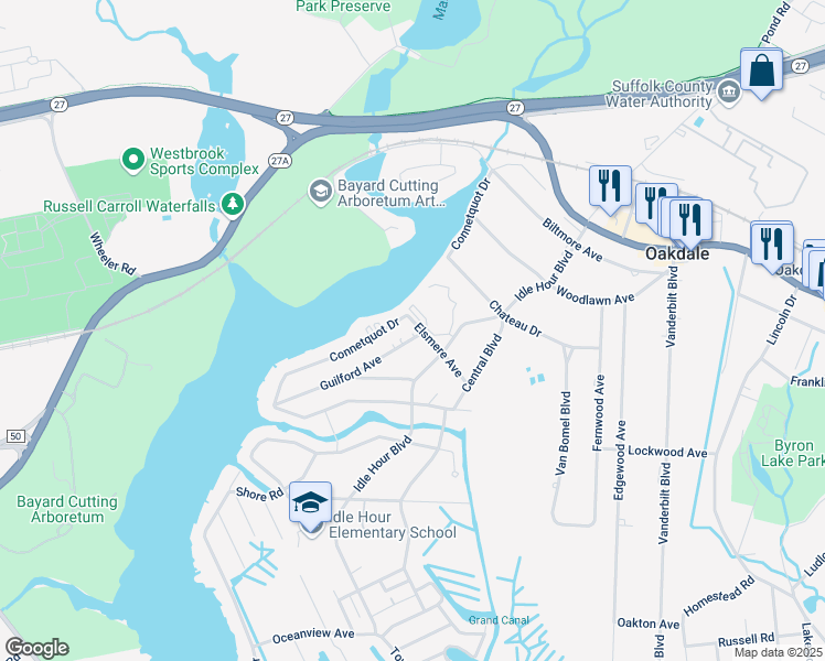 map of restaurants, bars, coffee shops, grocery stores, and more near 36 Elsmere Avenue in Oakdale