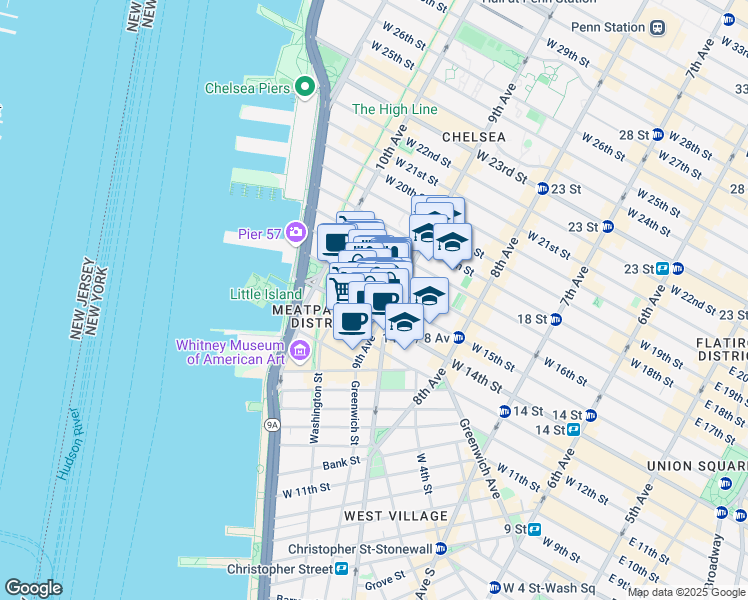 map of restaurants, bars, coffee shops, grocery stores, and more near 61 9th Avenue in New York