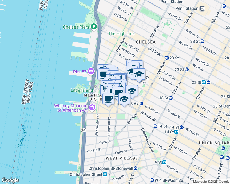map of restaurants, bars, coffee shops, grocery stores, and more near 61 9th Avenue in New York