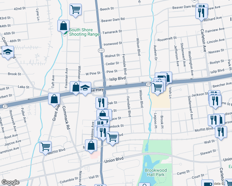 map of restaurants, bars, coffee shops, grocery stores, and more near 37 Bittermint Street in Islip