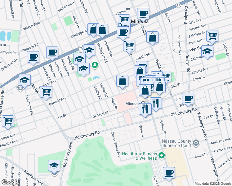 map of restaurants, bars, coffee shops, grocery stores, and more near 270 1st Street in Mineola