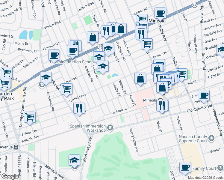 map of restaurants, bars, coffee shops, grocery stores, and more near 139 Saville Road in Mineola