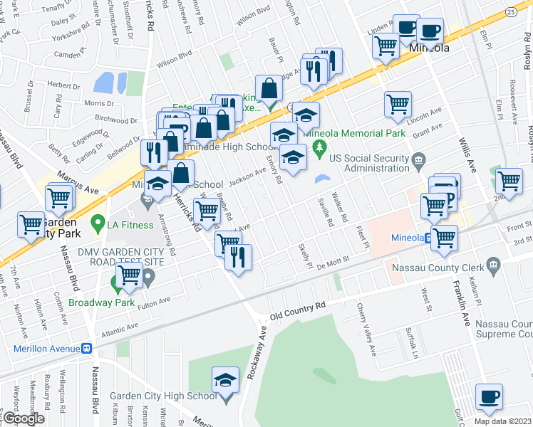 map of restaurants, bars, coffee shops, grocery stores, and more near 165 Andrews Road in Mineola