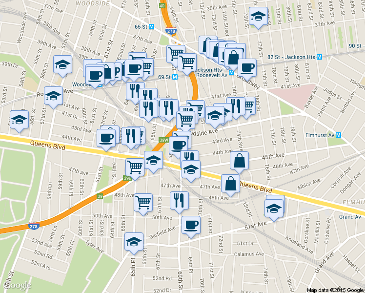 map of restaurants, bars, coffee shops, grocery stores, and more near 43-08 69th Street in Queens