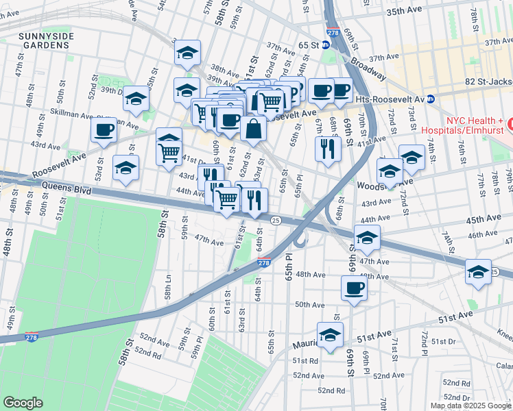 map of restaurants, bars, coffee shops, grocery stores, and more near in Queens