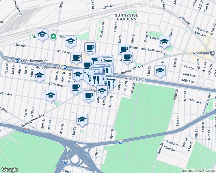 map of restaurants, bars, coffee shops, grocery stores, and more near 4529 47th Street in Queens